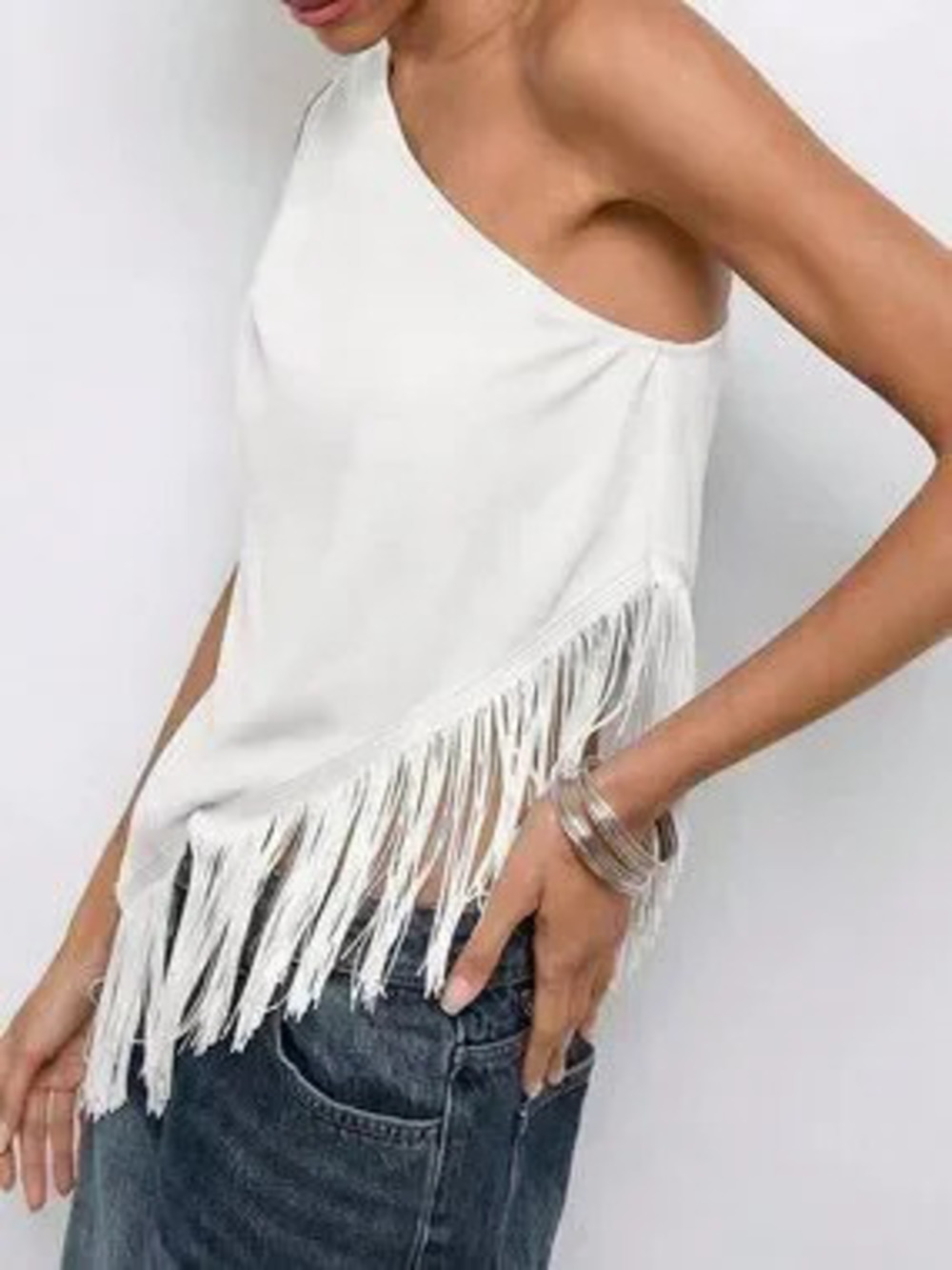 White Casual Women's One Shoulder Top With Tassel Hem Loose Elegant Party Night